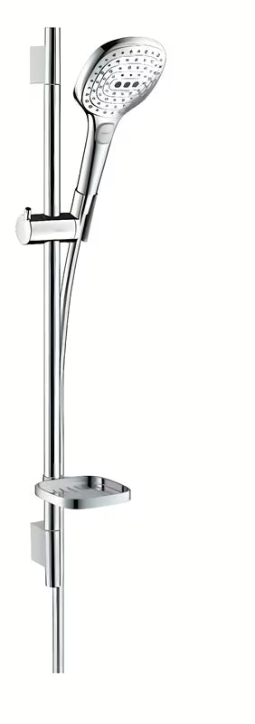 Hansgrohe Raindance Select E tuš set v krom izvedbi z ročno prho, drsno letvijo, cevjo in milnikom.