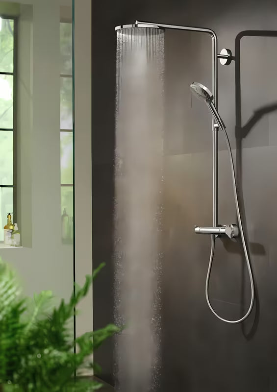 Hansgrohe Raindance Select S tušni sistem s termostatsko armaturo v kromu z nadglavno in ročno prho