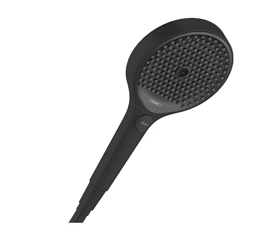 Ročna prha Hansgrohe Rainfinity 130 3jet v mat črni izvedbi z antracitno pršno ploščo
