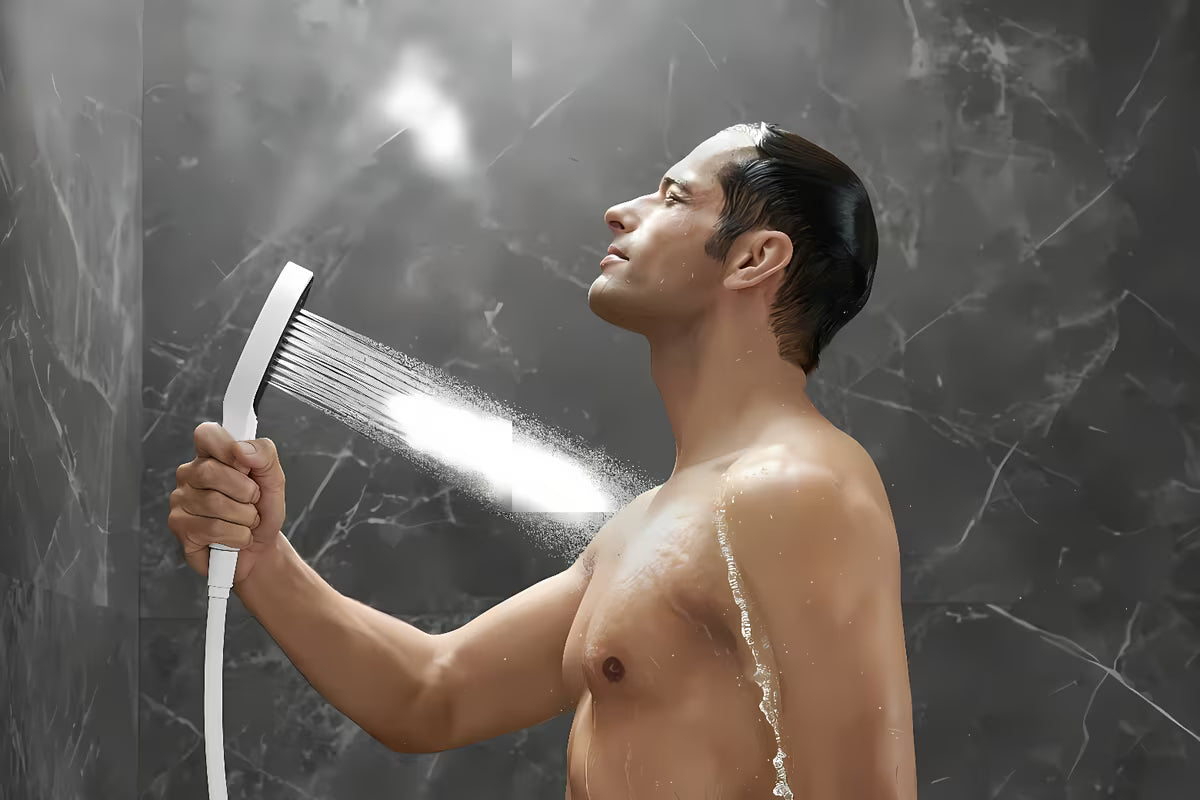 Ročna prha Hansgrohe Rainfinity 130 3jet v mat beli barvi z antracitno pršno ploščo