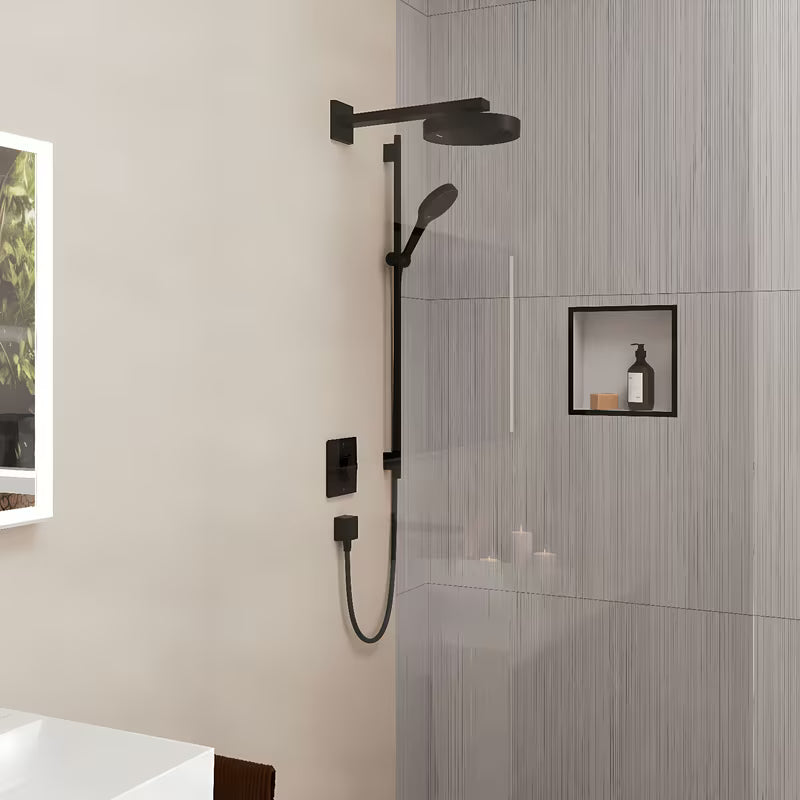 Hansgrohe Rainfinity tuš set EcoSmart v mat črni barvi z ročno prho, drsnikom in tekstilno cevjo