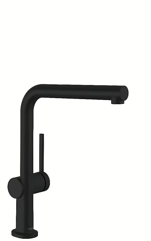 Crna mat armatura za pomivalno korito Hansgrohe Talis s izvlačnim tušem i zakretnim izljevom u obliku slova L.