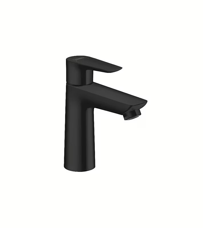 Umivalniška enoročna armatura Hansgrohe Talis E 110 z odtokom v mat črni barvi.