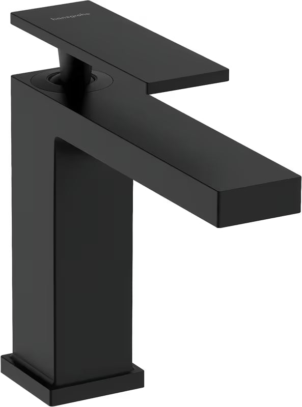 Umivalniška enoročna armatura hansgrohe Tecturis E 110 v mat črni barvi z odtokom s širokim curkom WaterfallStream.
