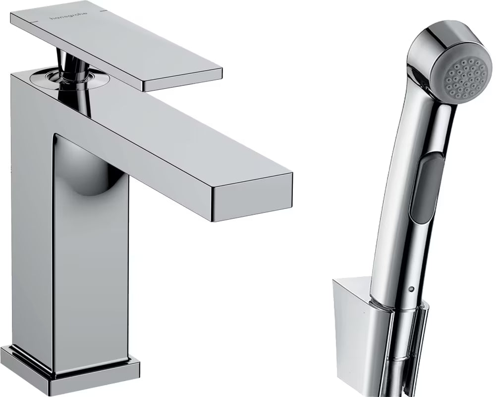 Kromirana armatura za umivalnik hansgrohe Tecturis E z bidejsko ročno prho in cevjo
