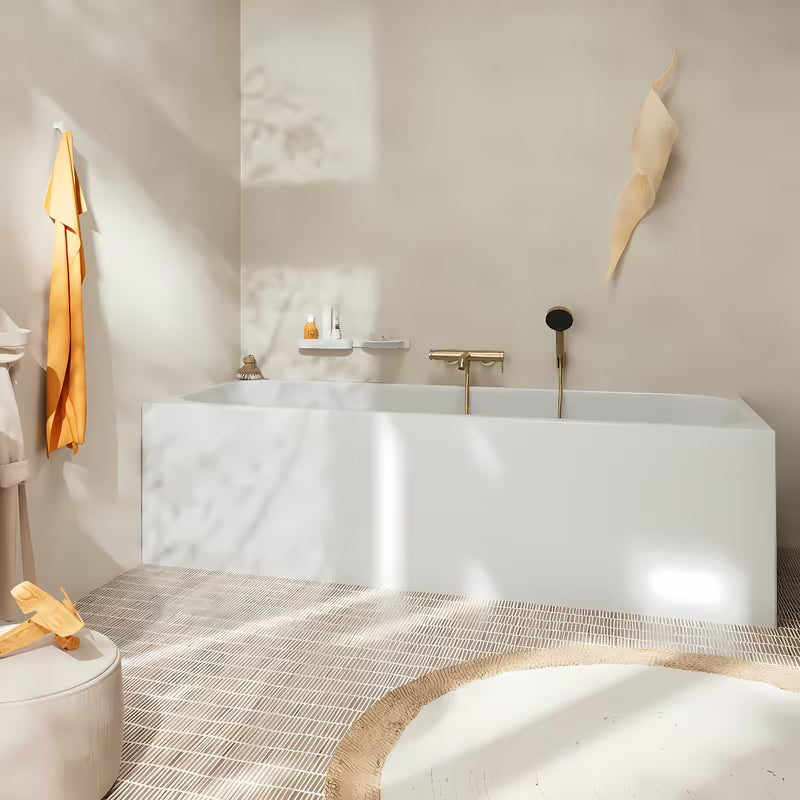 Stenska enoročna armatura za kad hansgrohe Tecturis S u izvedbi brušena bronca z gumbom Select.