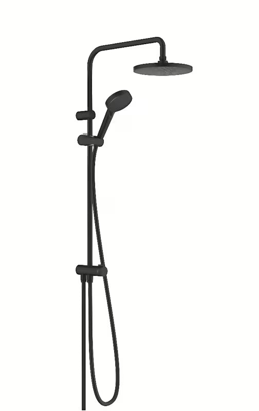 Tušni sistem hansgrohe Vernis Blend 200 Reno v mat črni z nadglavno prho 205 mm in ročno prho.