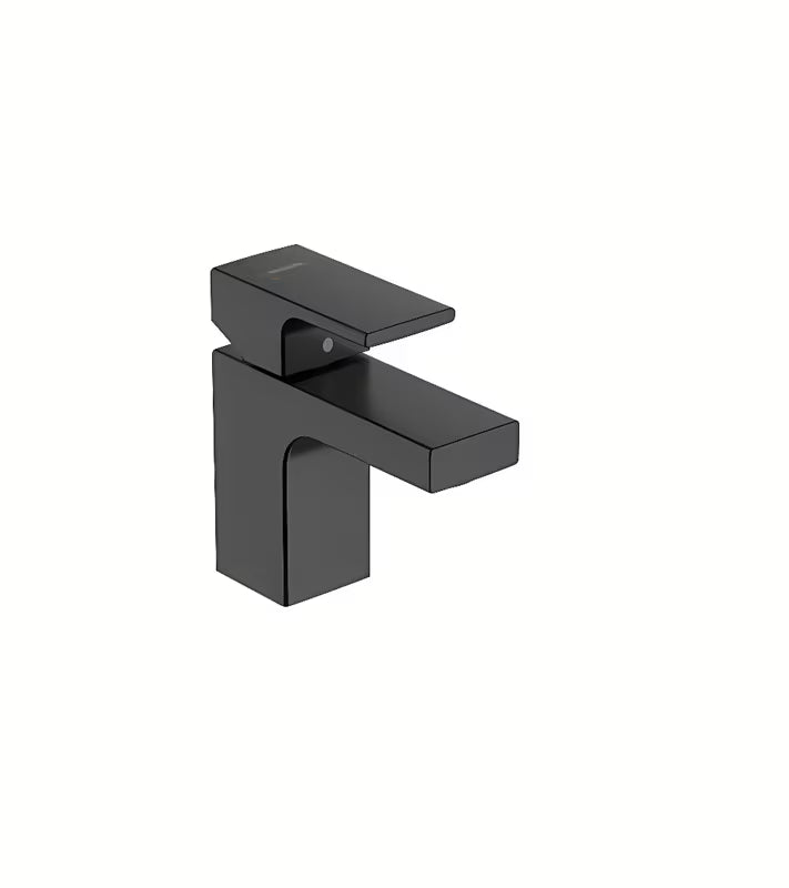 Mat črna enoročna armatura za umivalnik hansgrohe Vernis Shape 70 s sodobnim oglato zasnovanim dizajnom.