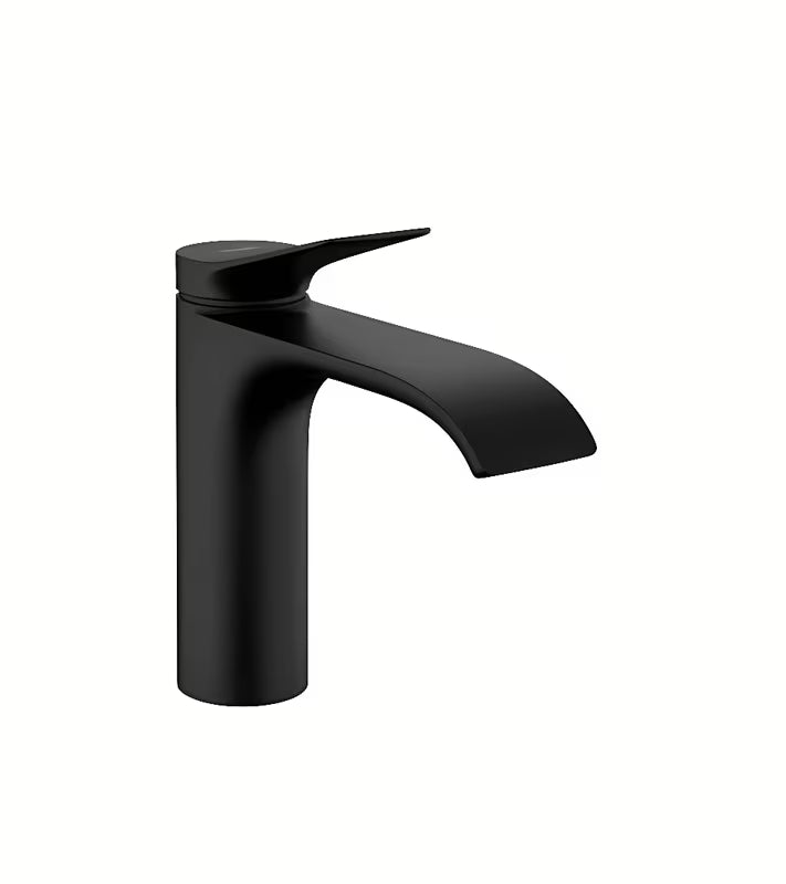 Hansgrohe Vivenis enoročna armatura za umivalnik z odtokom v mat črni izvedbi.