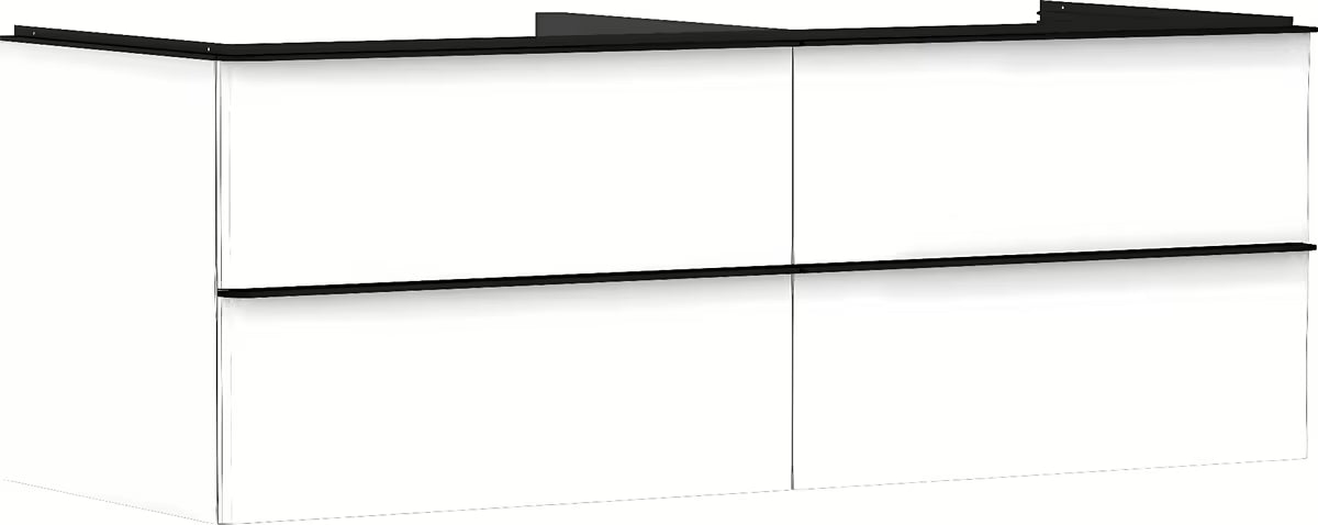 Visokosijajna bela omarica za umivalnik Hansgrohe Xelu Q s štirimi predali in ročajem.