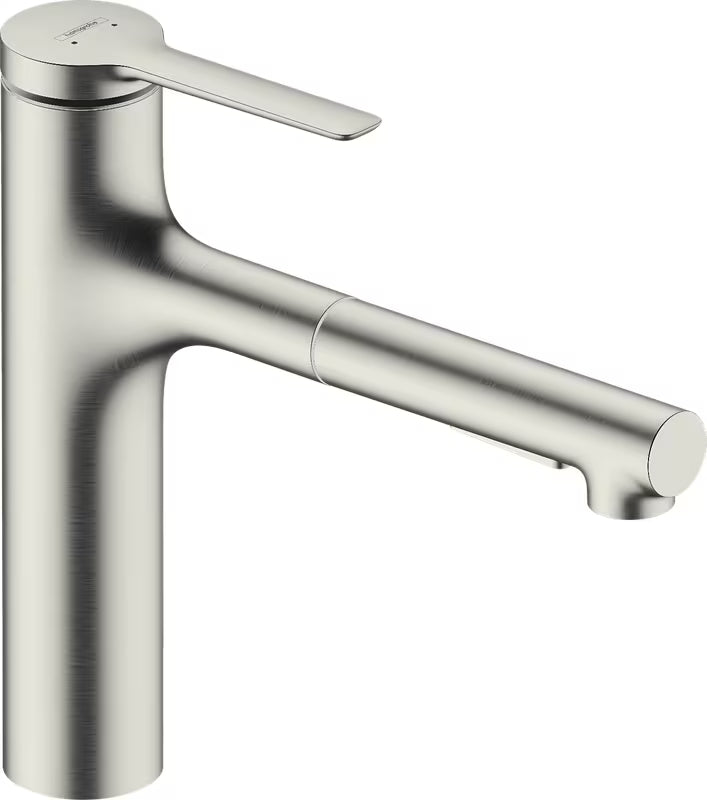 Hansgrohe Zesis M33 armatura za pomivalno korito v videzu nerjavečega jekla s kovinsko izvlečno prho in preklopom med 2 curkoma.