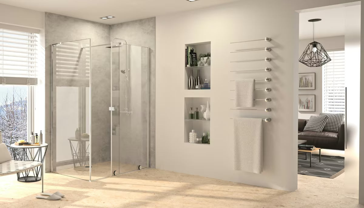 Tuš stena Walk-In Hüppe Xtensa pure 120 cm u sjajnom kromu s prozirnim staklom bez dekora.