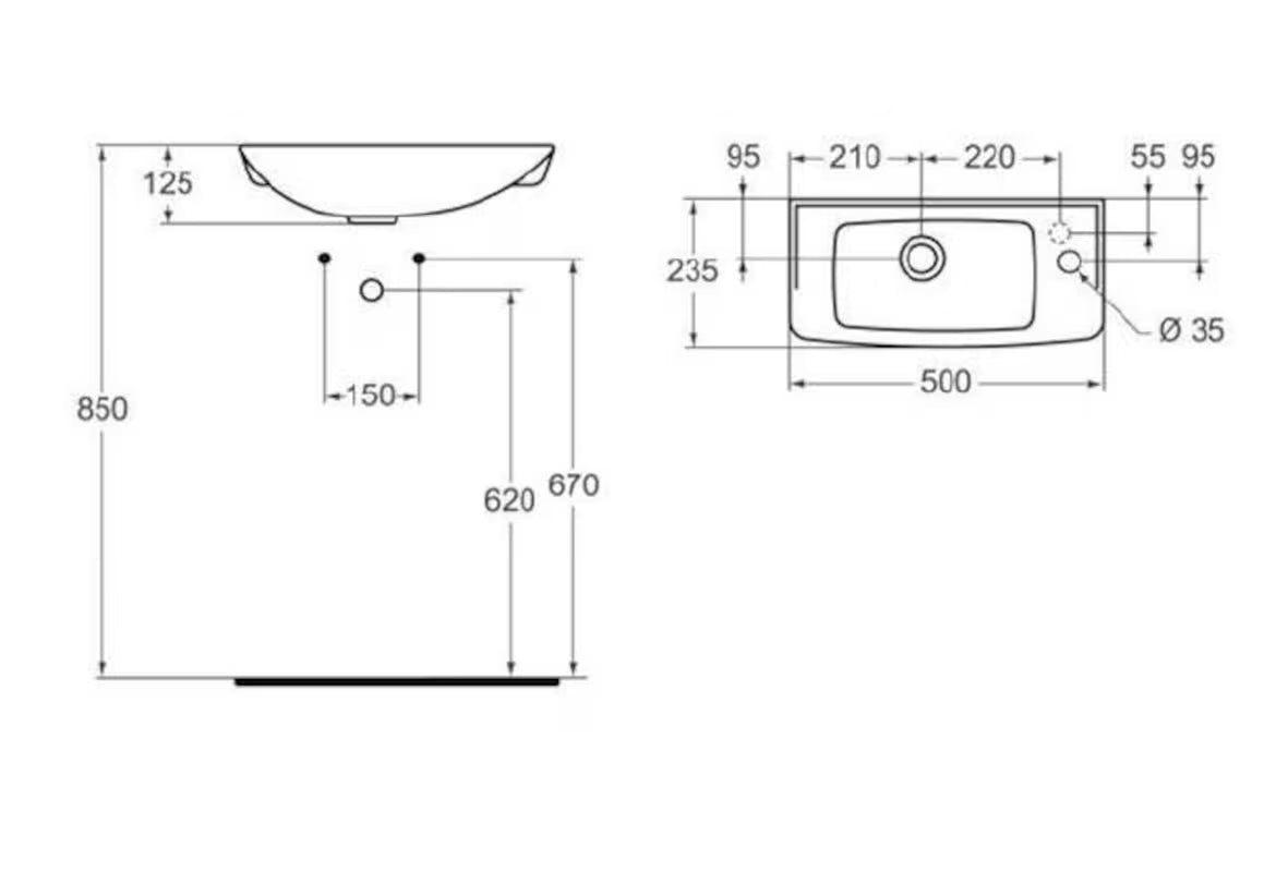 Bijeli umivalnik Ideal Standard Eurovit 50 x 23,5 cm s bočnim otvorom pro za slavinu desno.