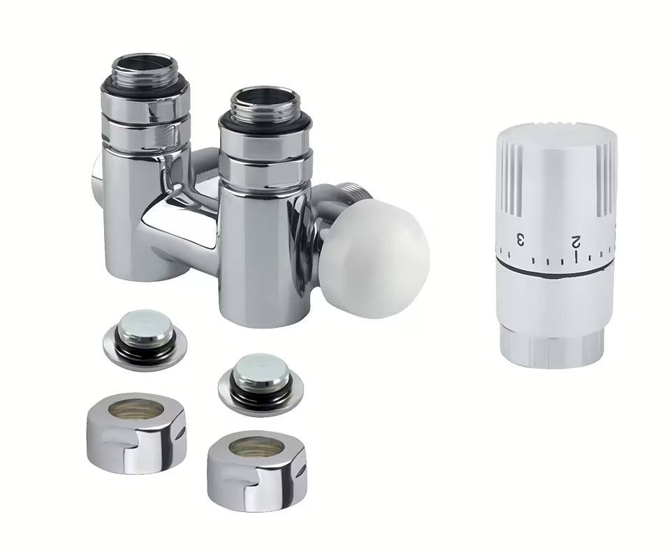 Bel termostatski set Isan kotni sredinski desni pro kombinirani priklop na bakrene cevi 15 mm.