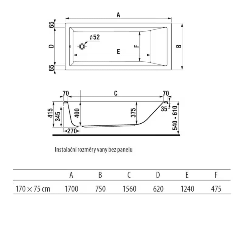 Pravokutna akrilna kada Jika Cubito 170x75 cm s mogućnošću lijeve i desne izvedbe