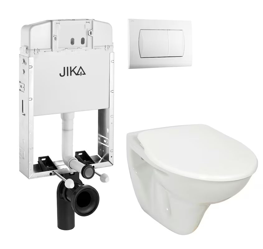 Viseči WC set Jika S-Line Pro s podometnim splakovalnikom, belim dvokoličinskim tipkalom in sedežem