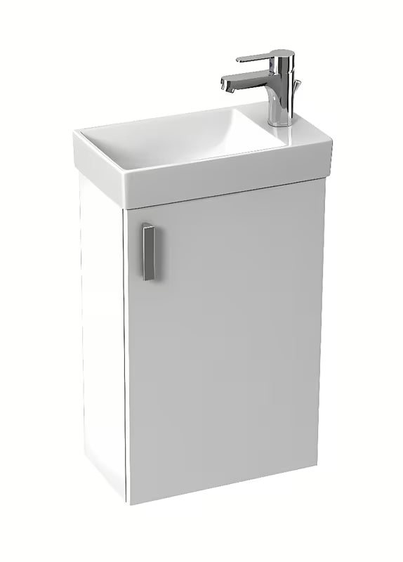 Bijeli viseča ormarić Jika Petit s keramičkim umivaonikom u minimalističkom dizajnu