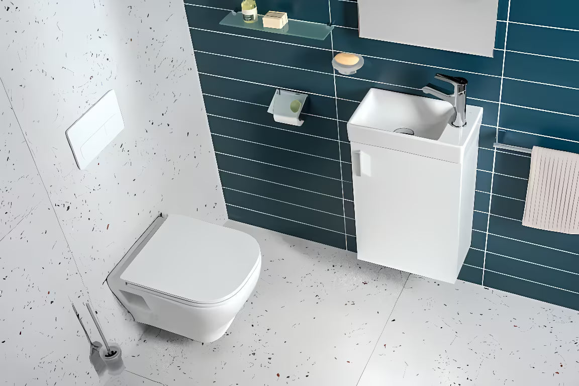 Bijeli viseča ormarić Jika Petit s keramičkim umivaonikom u minimalističkom dizajnu