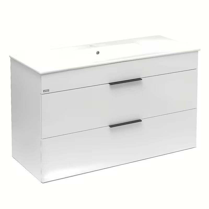 Bijeli viseča ormarić Jika Plan s keramičkim umivaonikom i ladicama s punim izvlačenjem