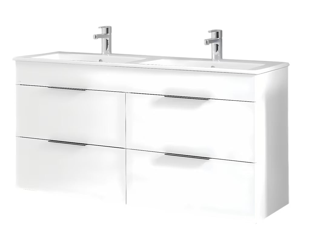 Bijeli viseča kopalniška omarica Jika Plan s keramičkim dvostrukim umivaonikom i ladicama s potpunim izvlačenjem.