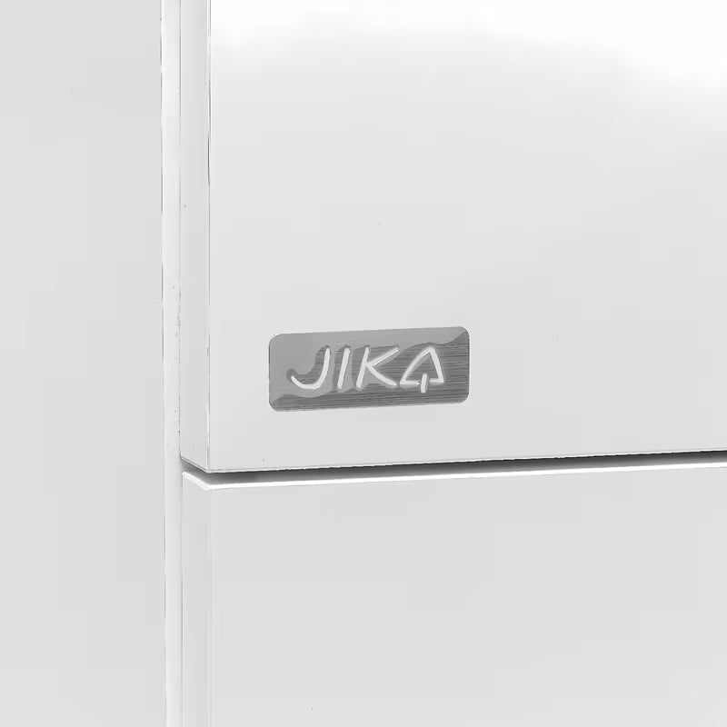 Bijeli viseča kopalniška omarica Jika Plan s keramičkim dvostrukim umivaonikom i ladicama s potpunim izvlačenjem.