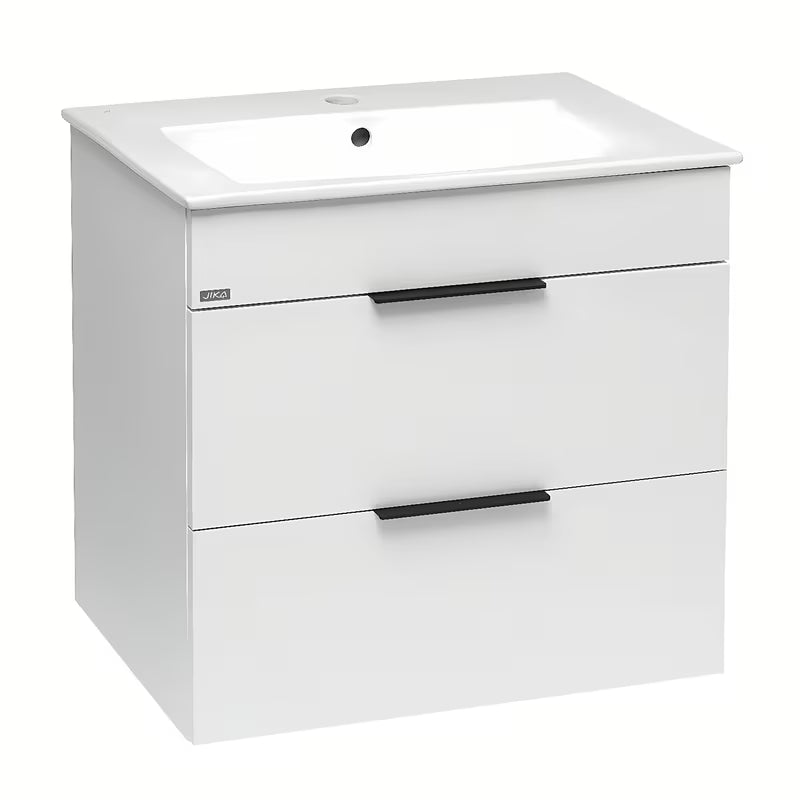 Bijeli ormarić viseča Jika Plan s keramičkim umivaonikom i ladicama s punim izvlačenjem.