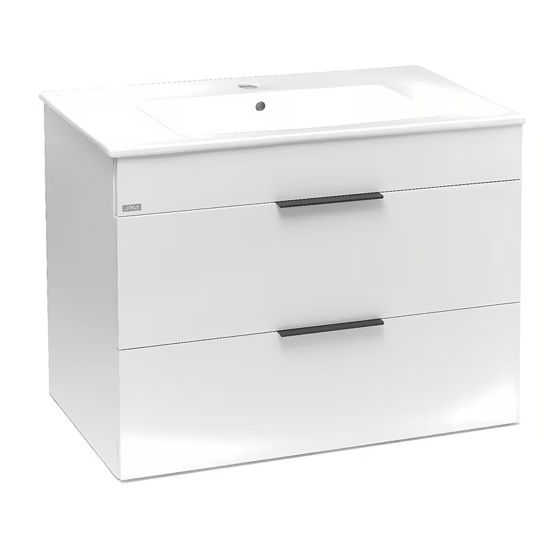 Viseča bijeli ormarić s keramičkim umivaonikom Jika Plan s ladicama i punim izvlačenjem