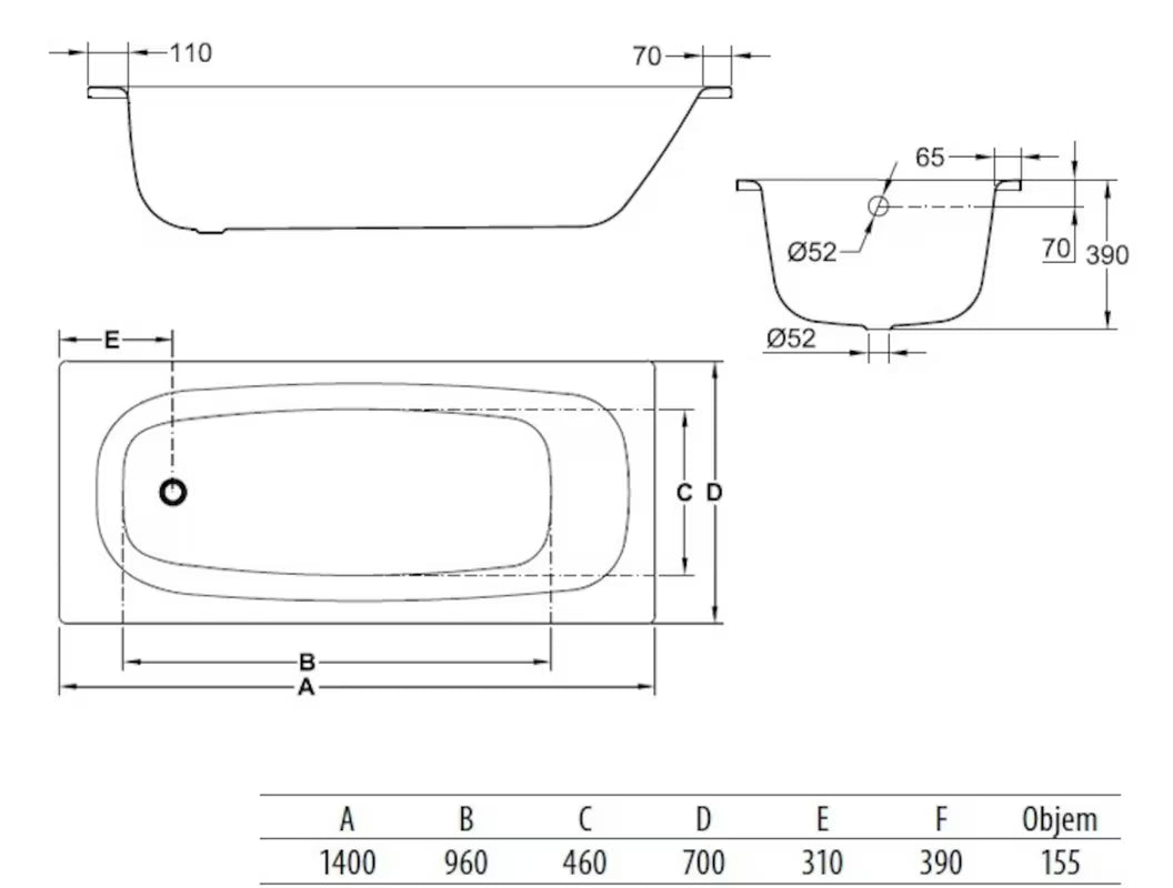 Pravokotna kad Jika Siena 140x70 cm od emajliranog čelika, s mogućnošću lijeve i desne orijentacije