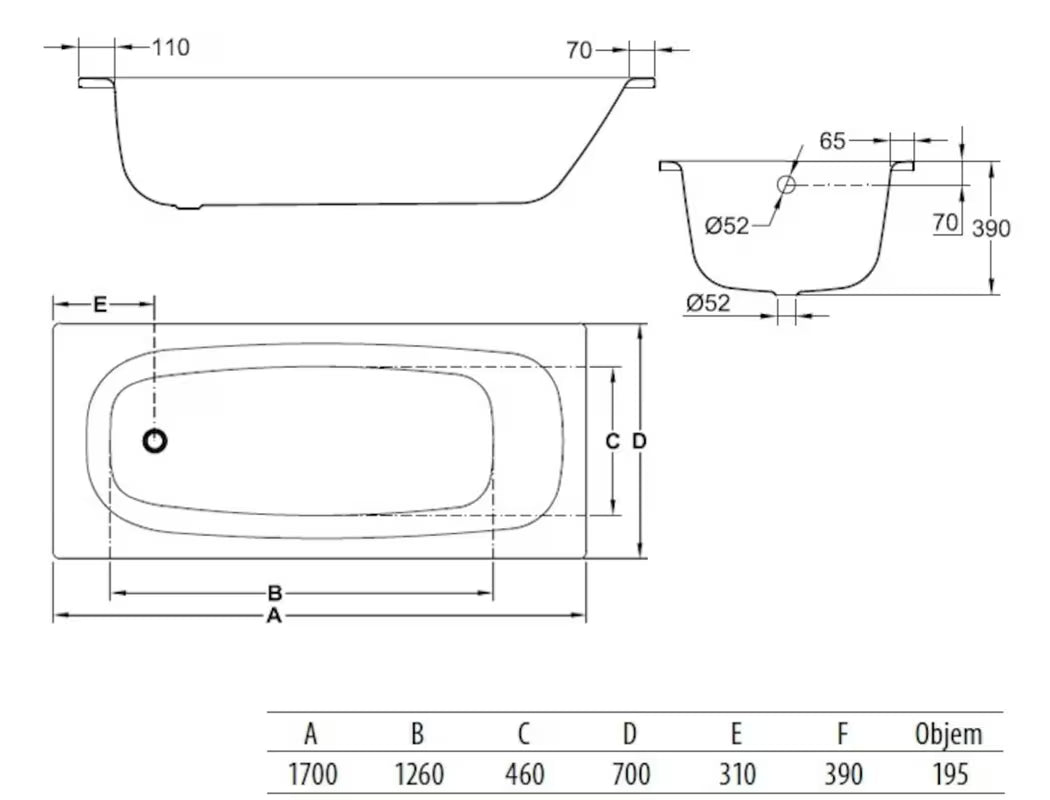 Pravokotna kad Jika Siena 170x70 cm od emajliranog čelika u univerzalnoj izvedbi lijevo i desno