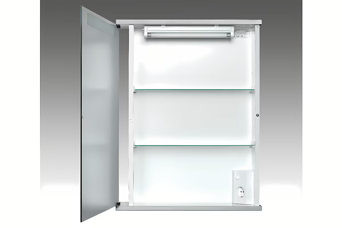 Bijeli omarica z ogledalom Jokey Cento 50 z osvetlitvijo i ladicom, 50 x 65 x 14 cm.