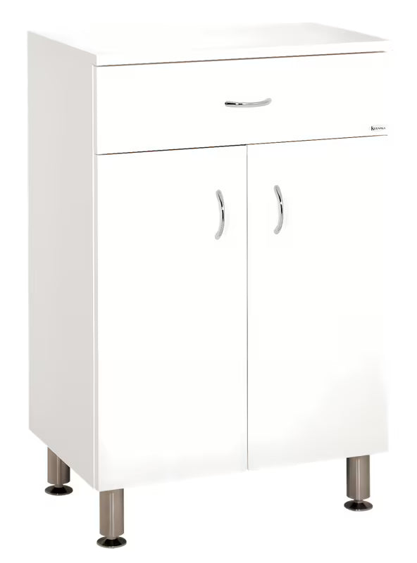 Bijela sjajna kopalniška omarica Keramia Pro z vtičnico, s dvoja vrata i nogicama od nehrđajućeg čelika.