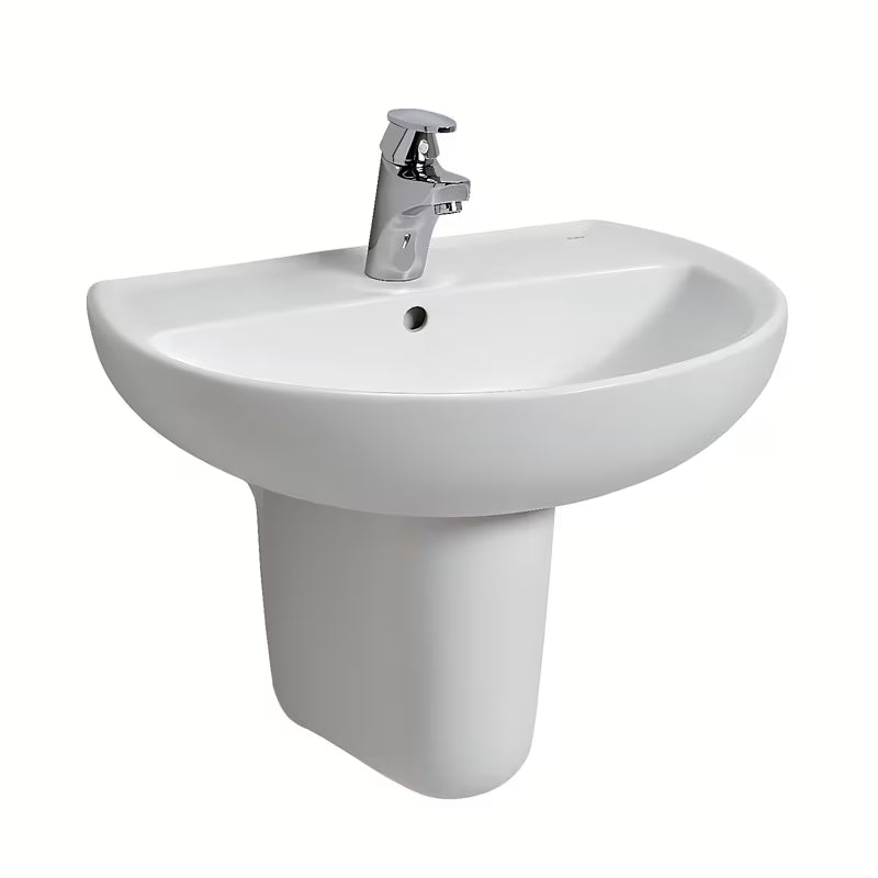 Beli viseče keramični umivalnik Kolo Rekord ovalne oblike z odprtino pro za armaturo na sredini.