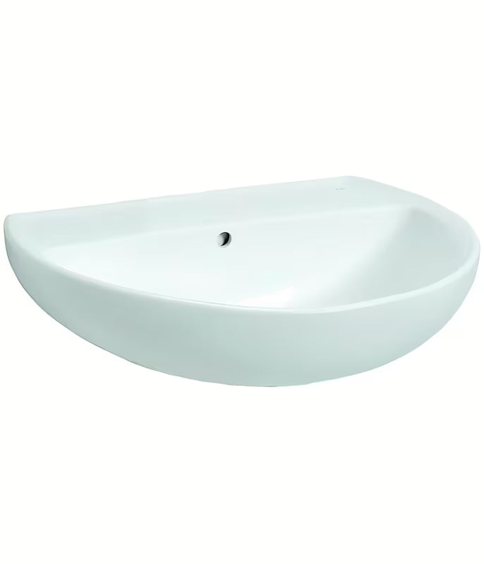 Bijeli keramički viseči umivalnik Kolo Rekord brez odprtine za armaturo ovalnog oblika.