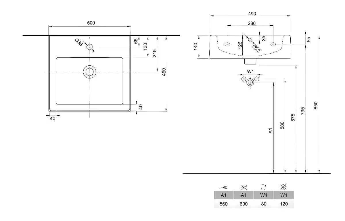 Kolo Twins viseče keramički umivaonik bijeli 50x46 cm s odlagališnom plohom i otvorom pro za slavinu u sredini