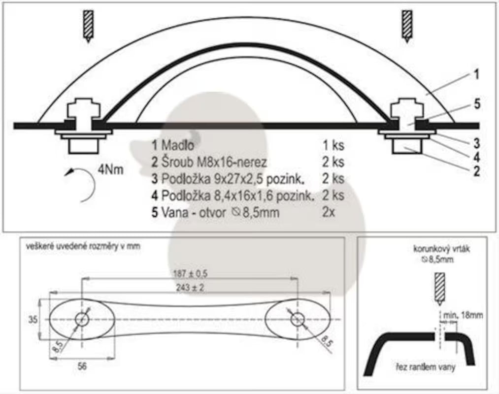Ročaj Laguna za akrilne kade, montaža prije postavljanja kadi.