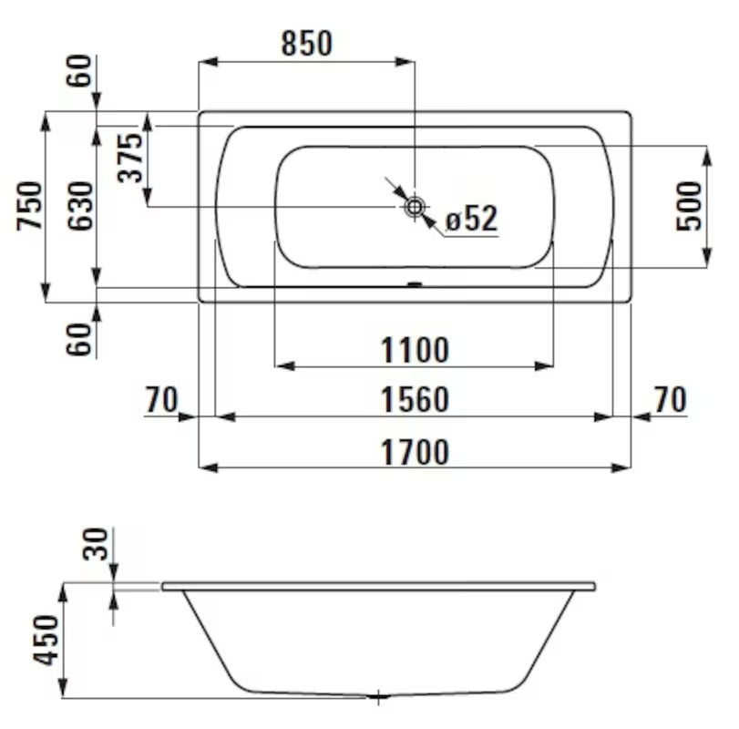 Pravokotna kad Laufen Bolsena 170x75 cm od emajliranog čelika sa zvučnom izolacijom