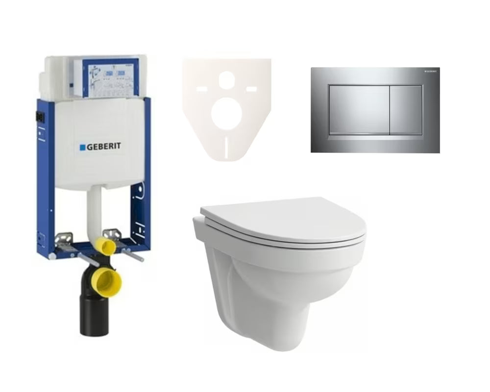 Viseči WC set Laufen Pro Nordic za vzidavo s kotličkom Geberit Kombifix in splakovalnim gumbom v sijajnem kromu.