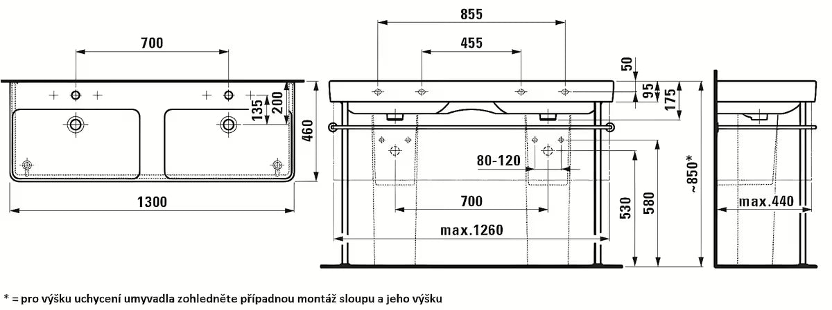 Beli keramični dvojni umivalnik Laufen Pro S 130x46 cm pro za vgradnjo v kopalniško pohištvo