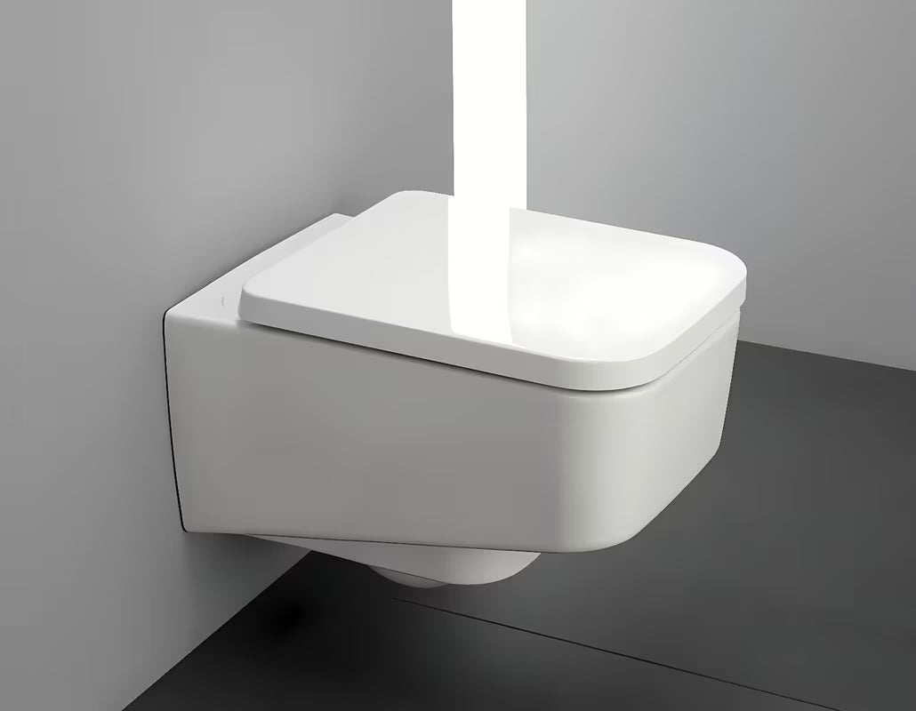 Bel viseča WC školjka Laufen Pro S z brezrobno izvedbo brez splakovalnega kroga in oglato zasnovo.