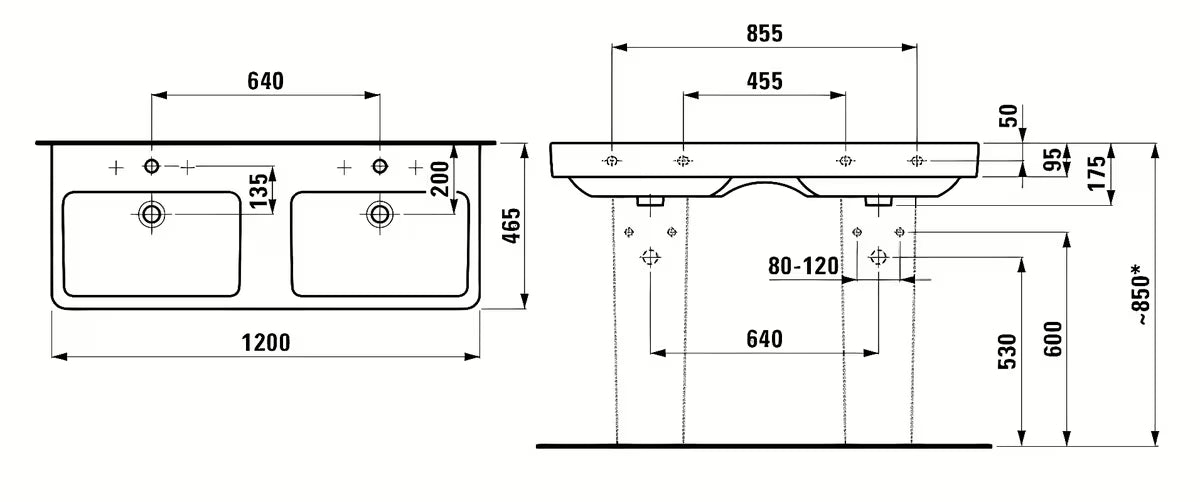 Bijeli keramički dvojni umivalnik Laufen Pro S 120 x 46 cm s dva otvora pro slavinu