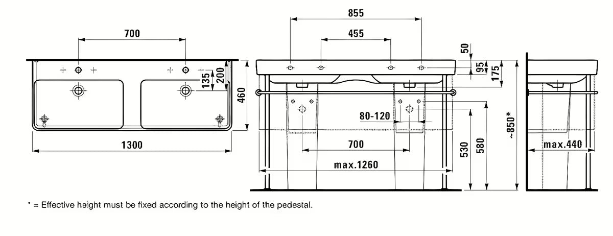 Bijeli keramički dvojni umivalnik Laufen Pro S 130x46 cm pro za ugradnju u kupaonski namještaj