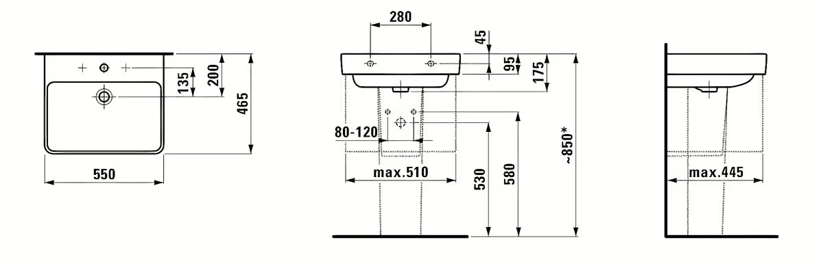 Bijeli viseči umivalnik Laufen Pro S otvorom pro za slavinu u sredini, 55x46,5 cm.
