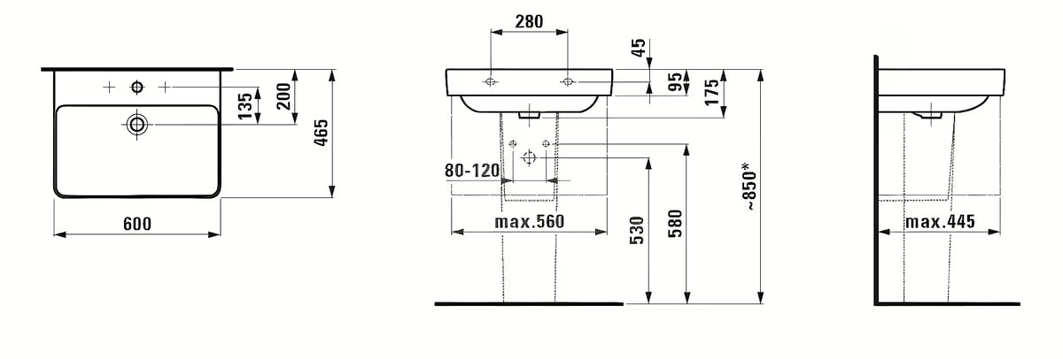 Bijeli viseče keramički umivaonik Laufen Pro S otvorom pro za slavinu u sredini, 60x46,5 cm.