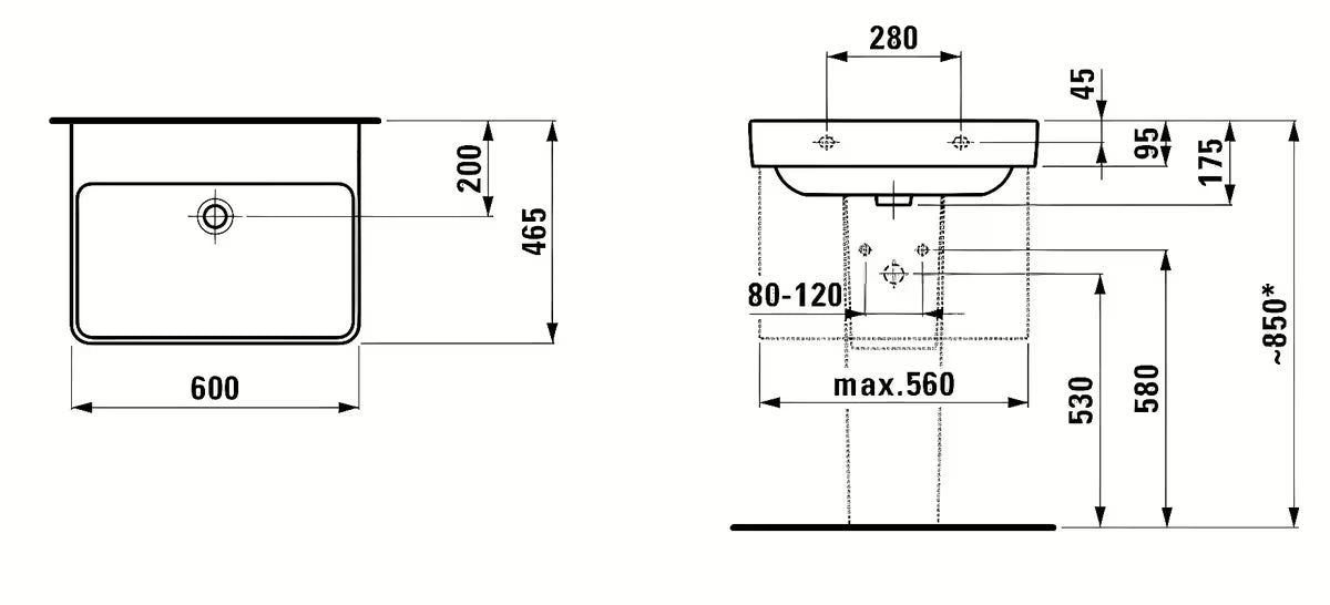 Bijeli viseče keramički umivaonik Laufen Pro S 60x46,5 cm brez odprtine za armaturo s integriranim preljevom.