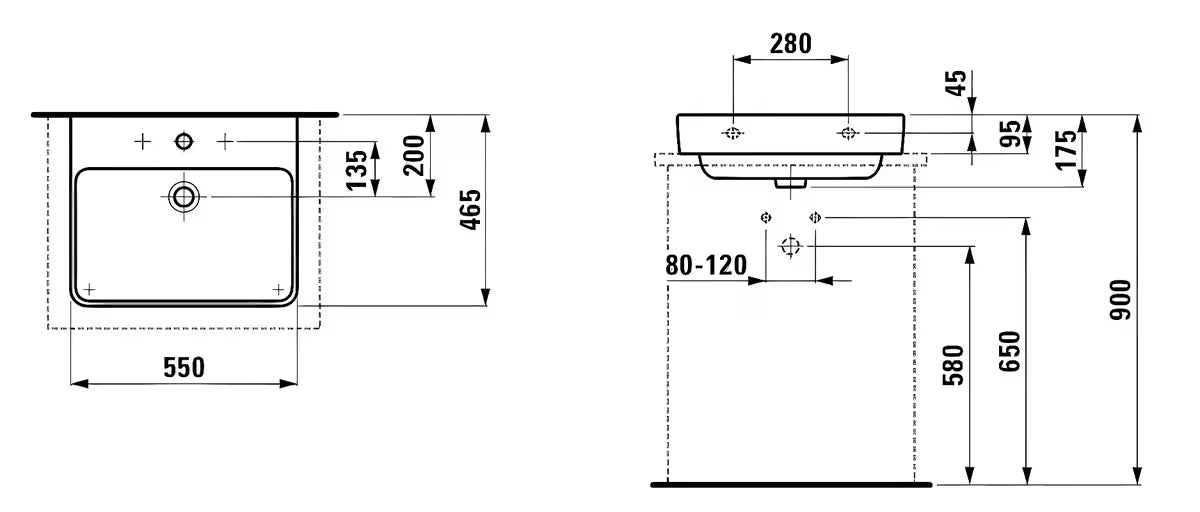 Bijeli viseče keramički umivaonik Laufen Pro S 55x46,5 cm s otvorom pro slavinu u sredini i preljevom.
