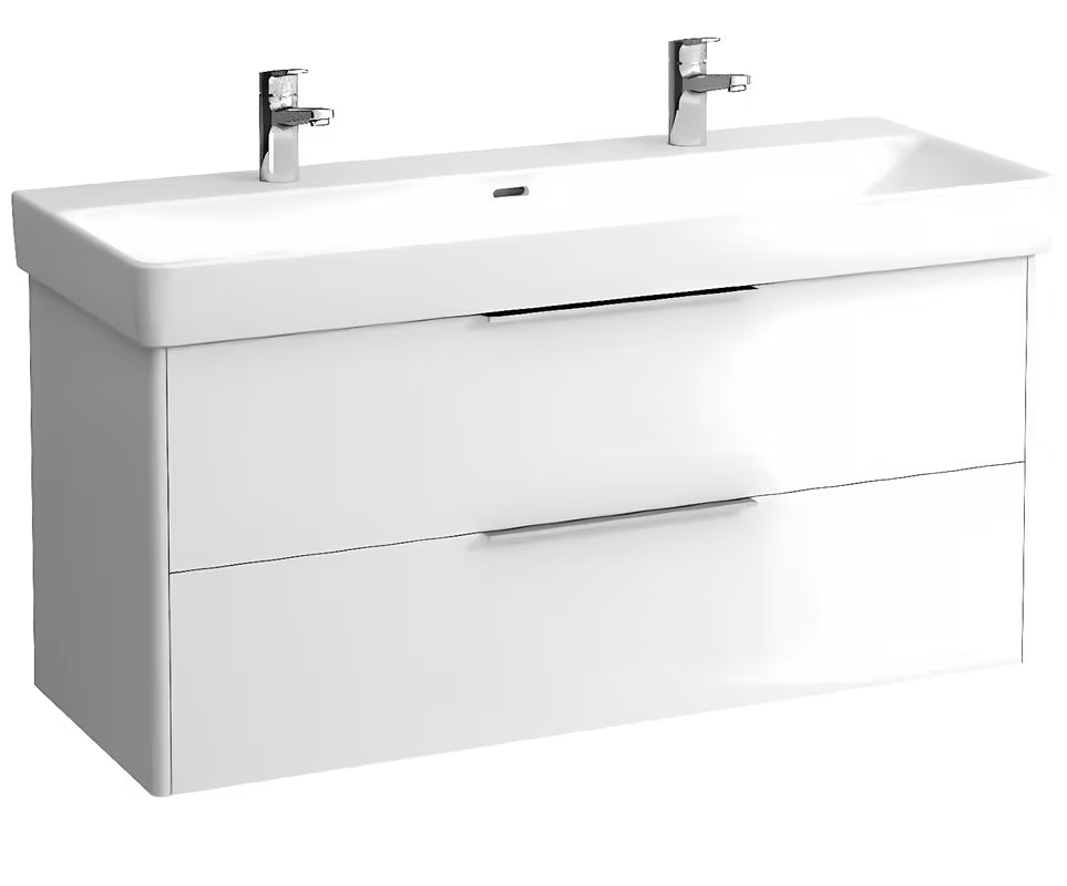 Bijeli viseče dvostruki umivaonik Laufen Pro S 120x46 cm od sanitarne keramike s dva otvora pro slavinu.