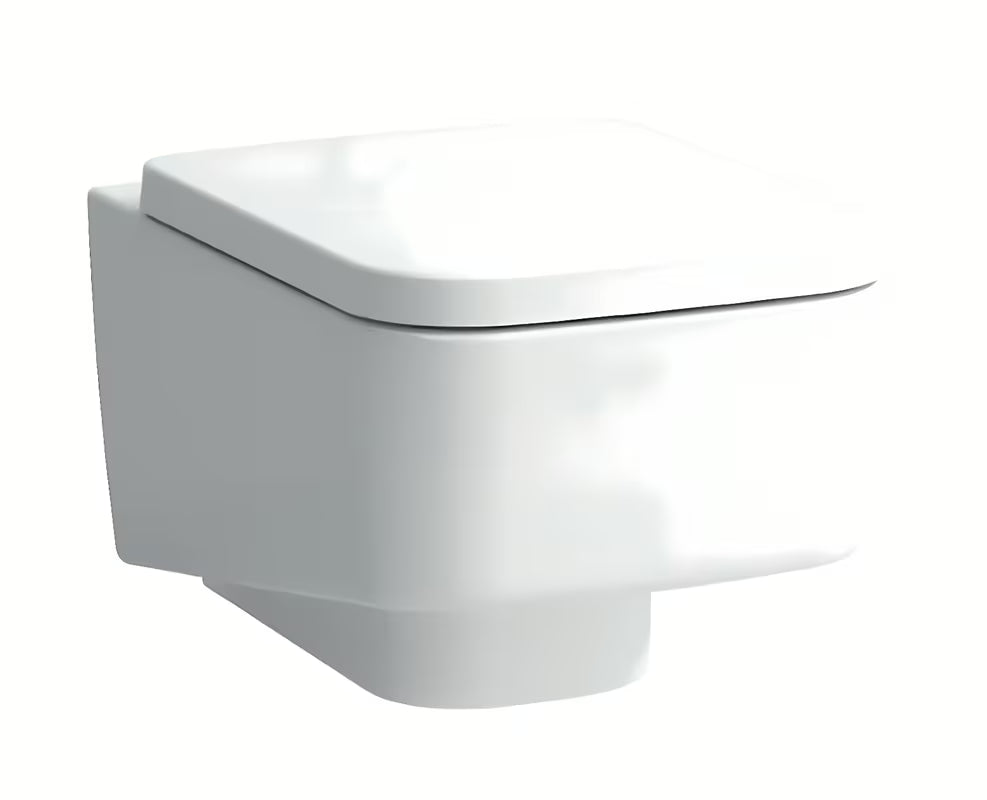 Bijeli viseča WC školjka Laufen Pro S bezrubnom izvedbom brez splakovalnega kroga i četvrtastim dizajnom.