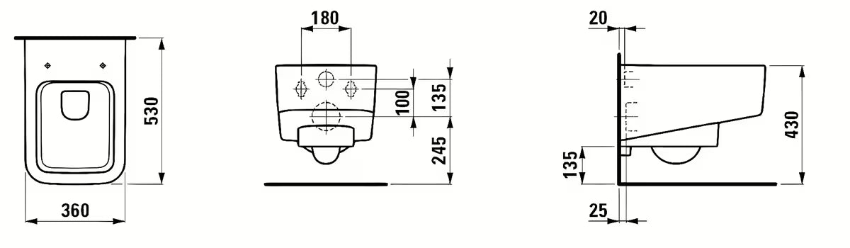 Bijeli viseča WC školjka Laufen Pro S bezrubnom izvedbom brez splakovalnega kroga i četvrtastim dizajnom.