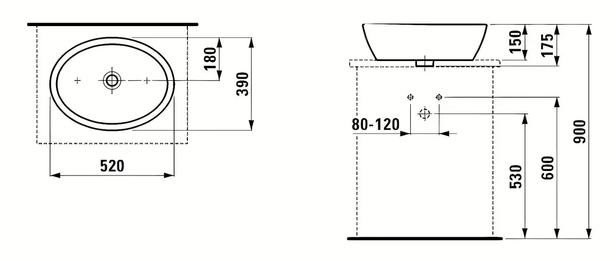 Laufen Pro umivalnik na ploščo 52 x 39 cm od bijele keramike brez odprtine za armaturo