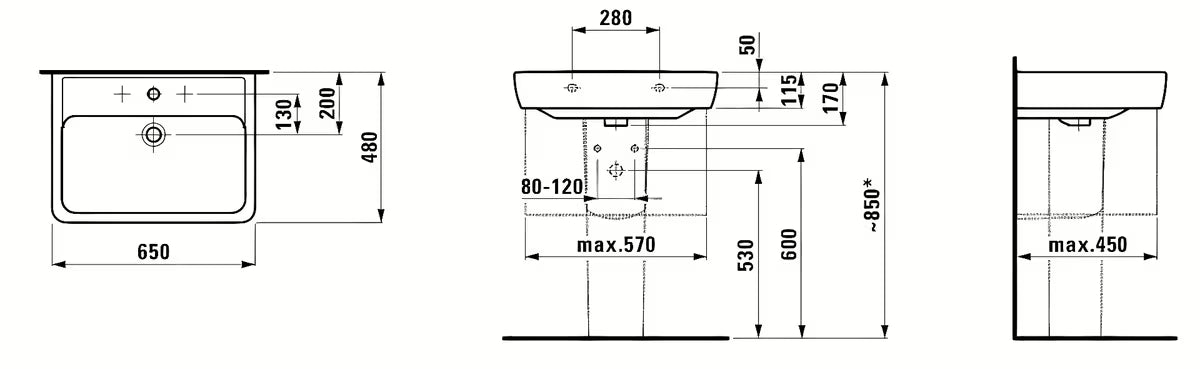 Viseče keramički umivaonik Laufen Pro A 65 x 48 cm u bijeloj boji s otvorom pro slavinu u sredini.
